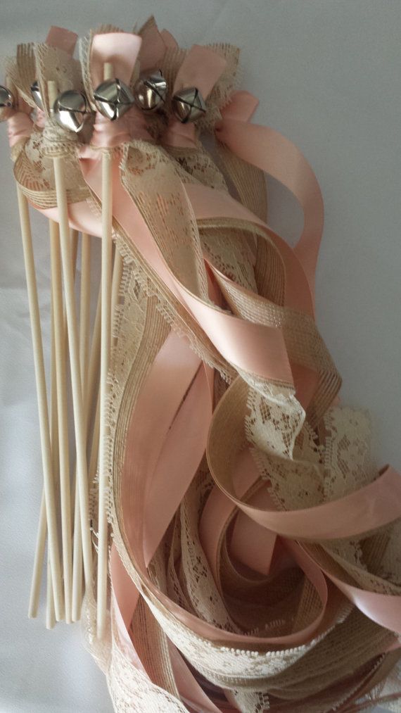 Handmade Rustic Blush Pink Burlap Lace Wedding Ribbon Wands with Silver Bells