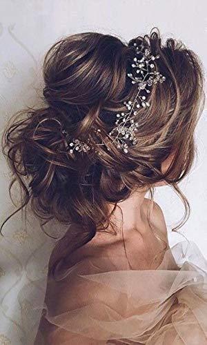 Bridal Rose Gold and Gold Silver Extra Long Pearl and Crystal Beads Bridal Hair Vine Wedding Head Piece Bridal Hair Accessories (Silver) 