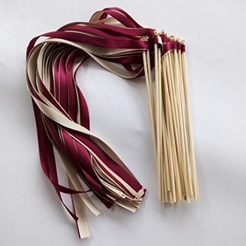 50 Pcs Wine Cream Wedding Ribbon Wands Fairy Sticks with Gold Bell for Wedding Favor Party Decoration - Hibrides