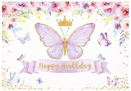 Happy Birthday Butterfly Party Backdrop Purple Baby Girls Princess Pink Rose Floral Gold Photography Background - Hibrides