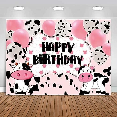 Cartoon Cow Happy Birthday Backdrop Banner Cow Party Decorations Pink White Cow Print Balloons Farm Animals Background - Hibrides