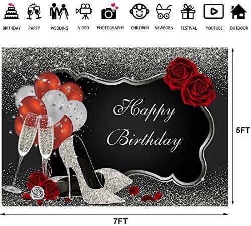 Sliver and Black Happy Birthday Backdrop Glitter Sequin High Heels Champagne Glasses Red Rose Balloons - Hibrides
