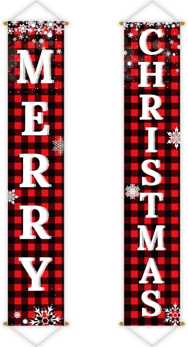 Christmas Decorations Outdoor Yard Front Porch Sign Set, Red Black Buffalo Plaid Door Banner, Hanging Merry Christmas Decorations for Home - Hibrides