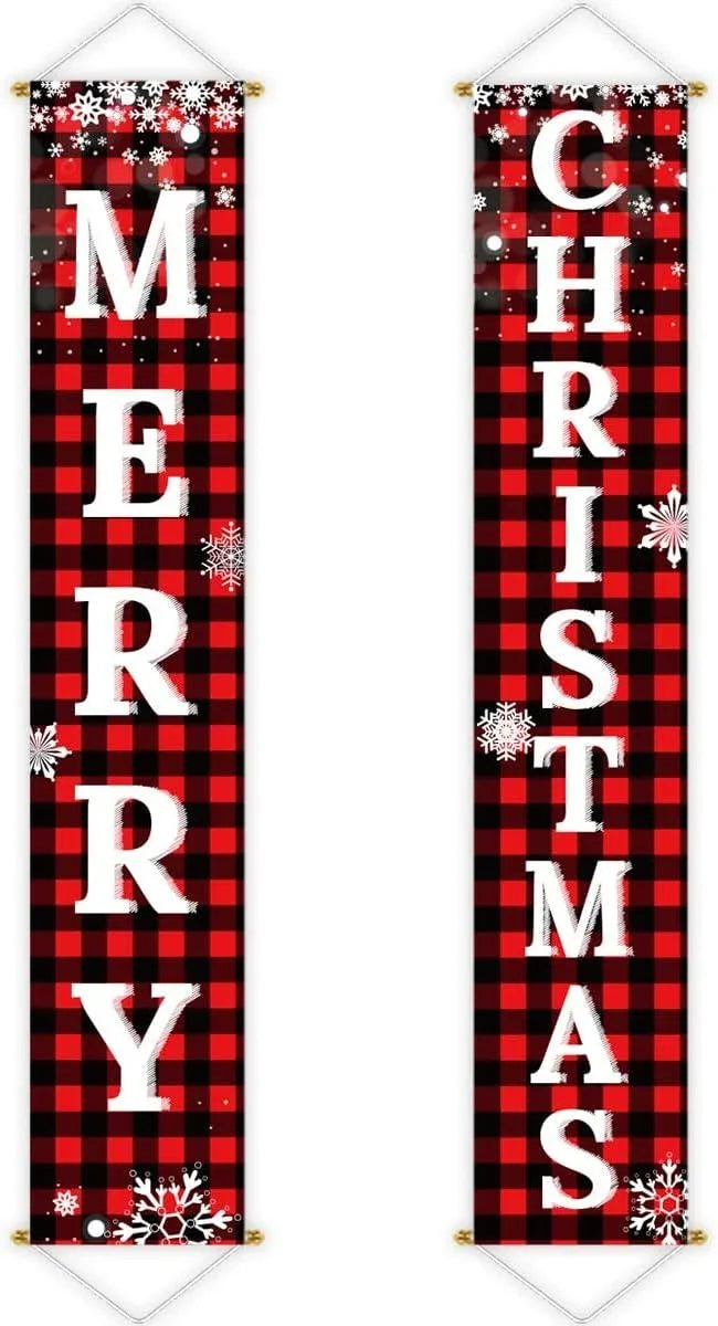 Christmas Decorations Outdoor Yard Front Porch Sign Set, Red Black Buffalo Plaid Door Banner, Hanging Merry Christmas Decorations for Home - Hibrides
