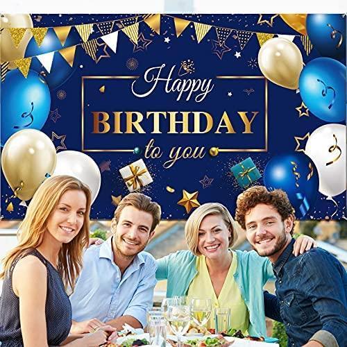 Happy Birthday Decorations Banner, Navy Blue and Gold Happy Birthday Sign Birthday Photo Backdrop - Hibrides