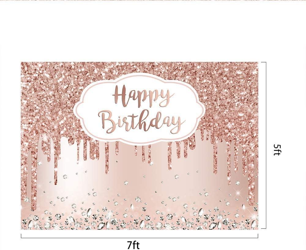 Pink Rose Golden Birthday Party Backdrop Glitter Diamonds Happy Birthday Background - Hibrides