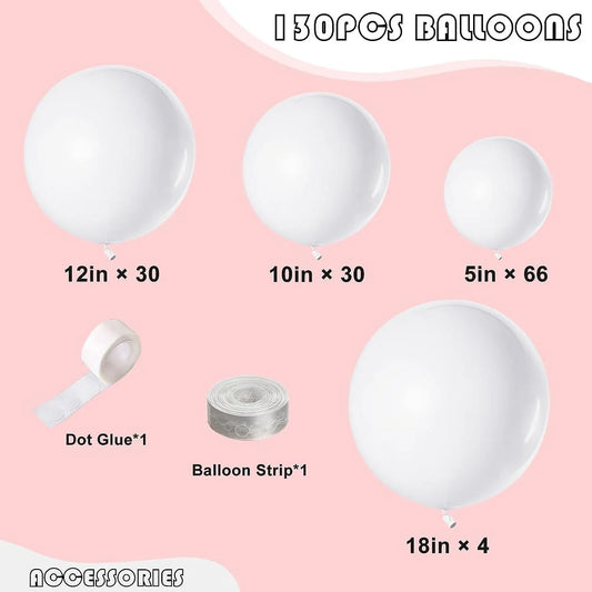 130PCS White Balloons Different Sizes 18" 12" 10" 5" Balloon Garland Arch Kit perfect for Birthday Party, Graduation, Baby Shower - Hibrides