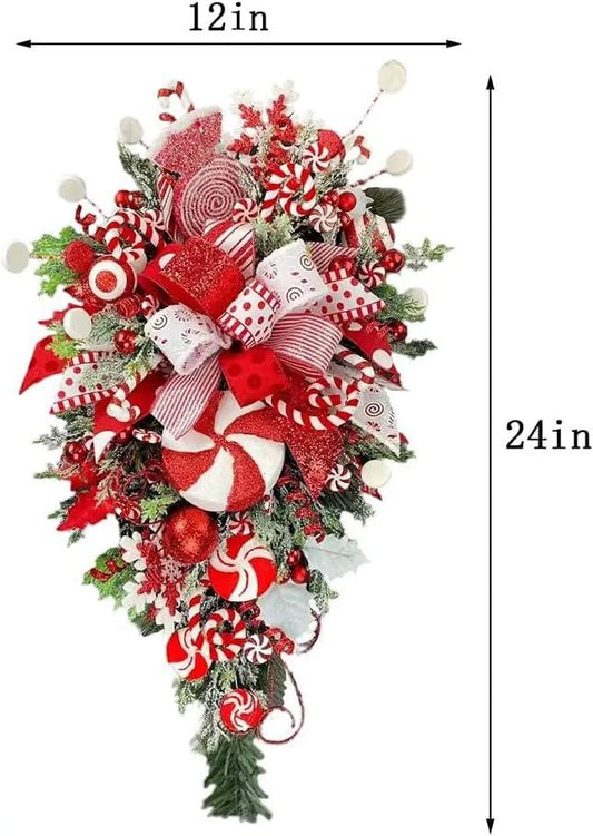 Christmas Candy Cane Wreath for Front Door Red White Teardrop Swag Candy Cane Christmas Stairway Decorations - Hibrides