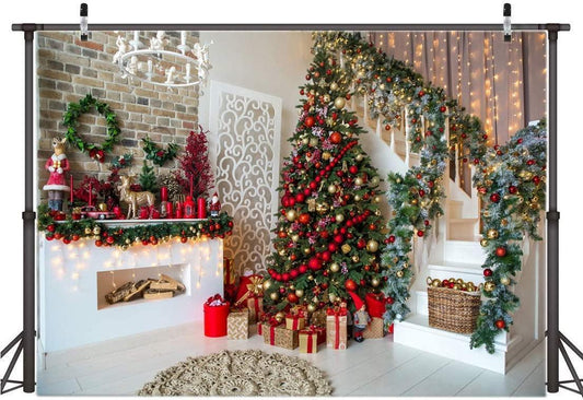 7x5FT Christmas Backdrops for Photography Fireplace Christmas Photography Background Indoors Xmas Tree Gift - Hibrides