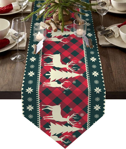 13X70 Inch Christmas Tree Elk Deer Table Runners Red Holiday Buffalo Checkered Plaid Non-Slip Burlap Table Runner - Hibrides