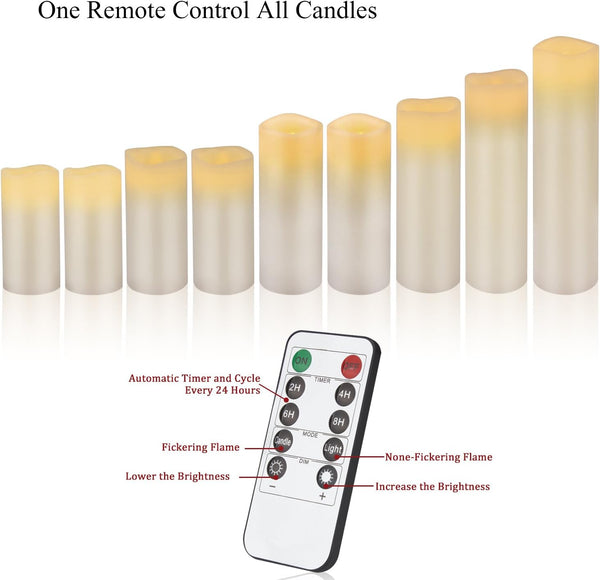Set of 9 Flameless Candles Battery Operated Candles 4" 5" 6" 7" 8" 9" Ivory Real Wax Pillar LED Candles with 10-Key Remote - Hibrides