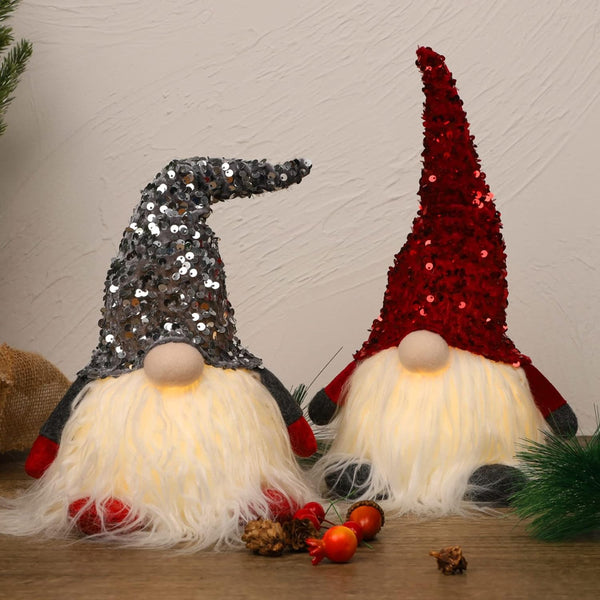 2PCS 12" Lighted Christmas Gnome, Handmade Sequins Hat Scandinavian Swedish Tomte, Light Up Plush Elf Toy Holiday Present, Battery Operated Winter Tabletop Christmas Decorations - Hibrides