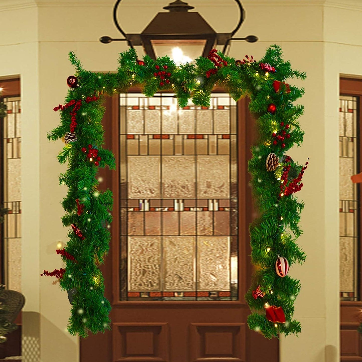 9FT LED Christmas Garland with Pinecones Red Berries Bows Christmas Balls Candies, Multi-Function Christmas Garland with 50 Warm White LED Lights - Hibrides