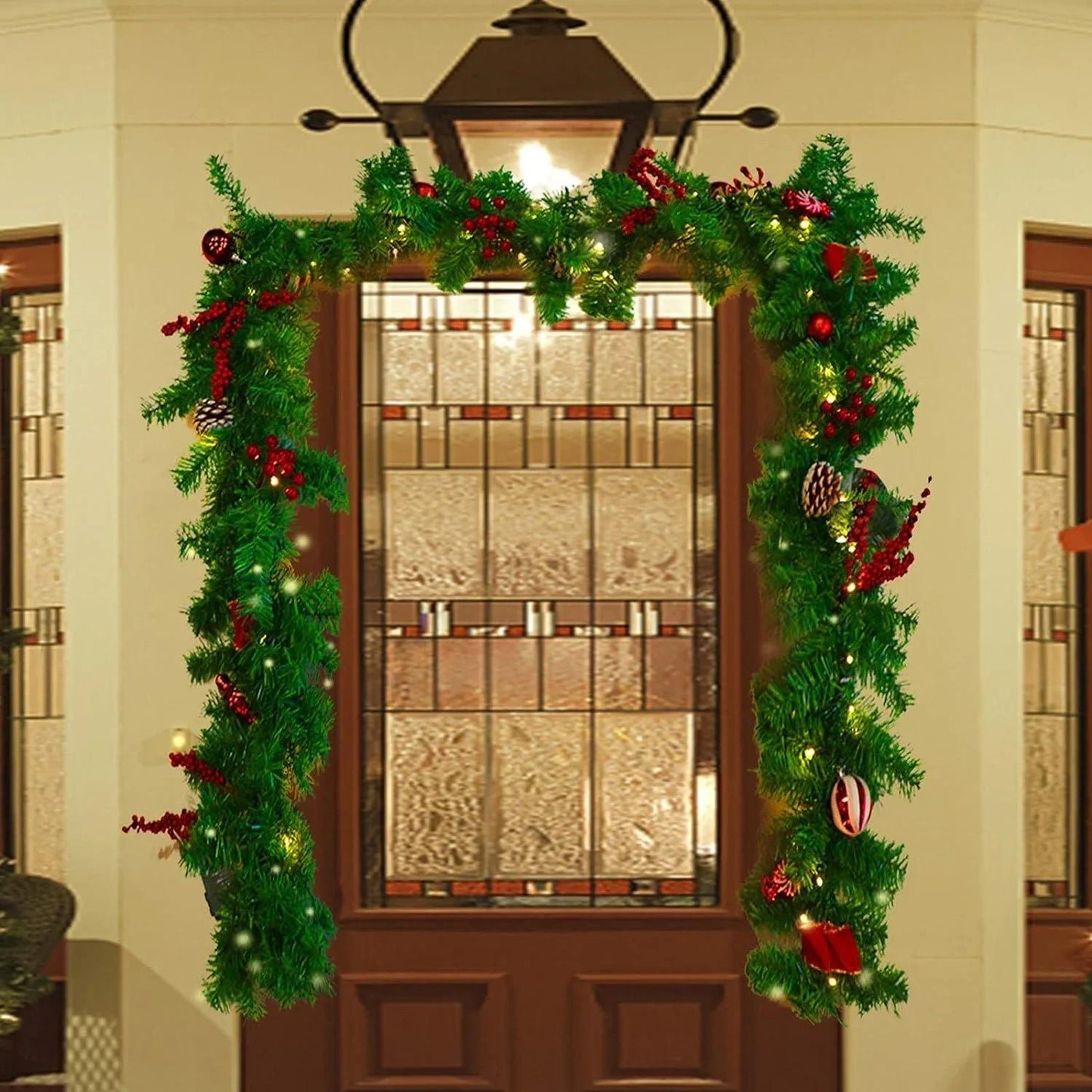 9FT LED Christmas Garland with Pinecones Red Berries Bows Christmas Balls Candies, Multi-Function Christmas Garland with 50 Warm White LED Lights - Hibrides
