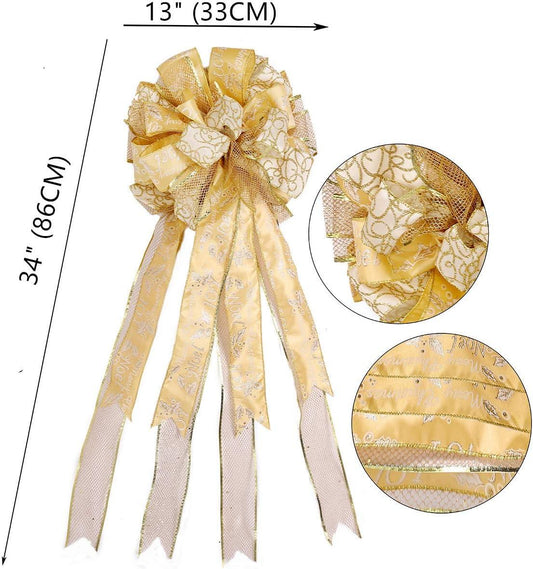 Gold Christmas Tree Topper,27x12 Inches Large Toppers Bow with Streamer Wired Edge for Christmas Decoration - Hibrides