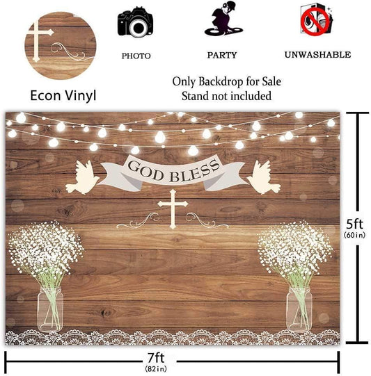 First Holy Communion Baptism Party Backdrop Rustic Wood God Bless Floral Photography Background - Hibrides