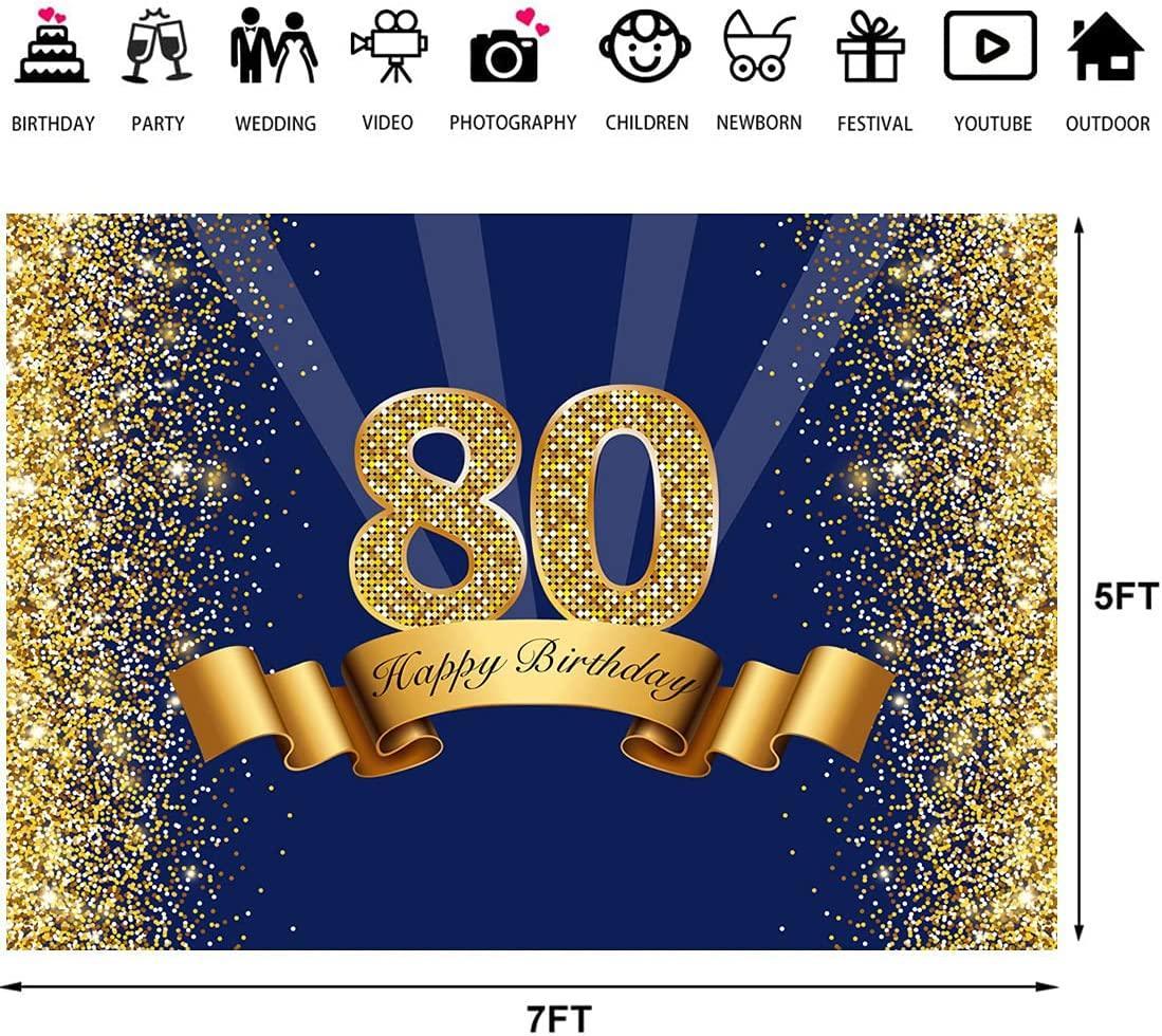 Happy 80th Birthday Photography Backdrop for Adult Men Navy Blue and Glitter Gold Eighty Years Old Background - Hibrides