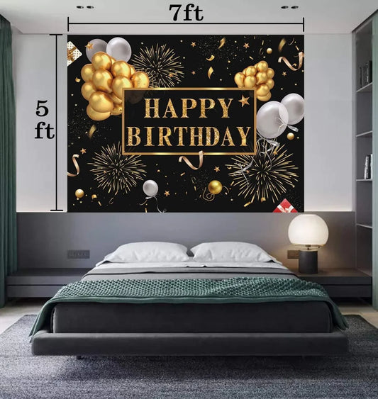 7x5ft Happy Birthday Backdrop Banner, Birthday Party Decor,Black Gold Poster Photo Booth Backdrop Background - Hibrides