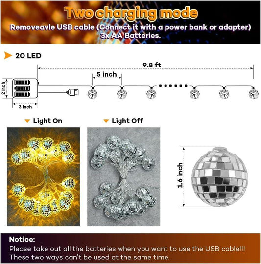 20 LED Disco Ball Mirror LED Party String Light Christmas Lanterns for Holiday Wall Window - Hibrides