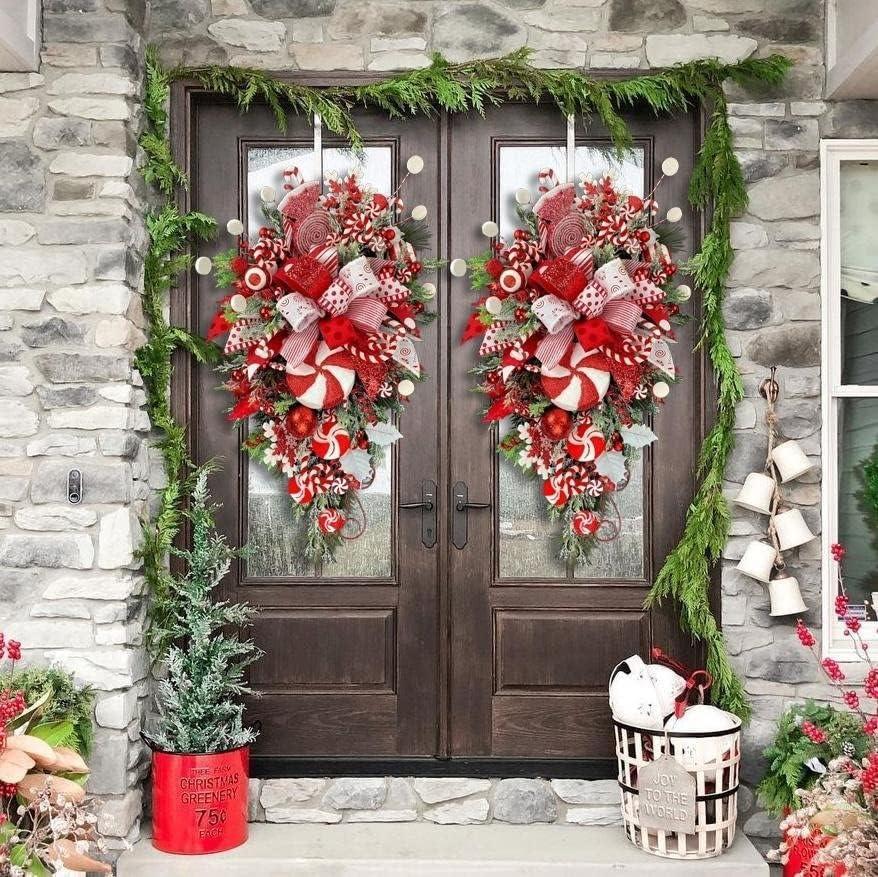 Christmas Candy Cane Wreath for Front Door Red White Teardrop Swag Candy Cane Christmas Stairway Decorations - Hibrides