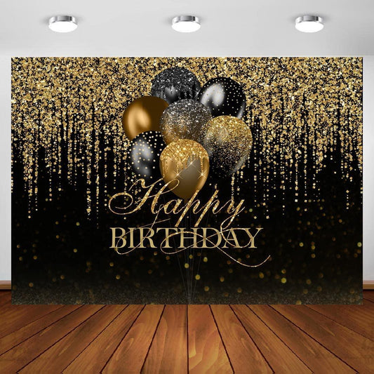7x5ft Happy Birthday Backdrop Glitter Black and Gold Balloons Photography Background - Hibrides