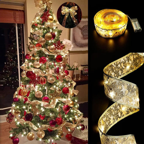 2PCS Christmas Tree Decorations Gold String Lights 16ft 100 LED Lights Copper Wire Ribbon Bows Lights - Hibrides