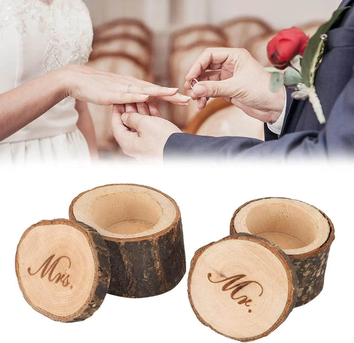 2pcs Ring Box for Wedding Ceremony, Wedding Ring Box, Small Wooden Box Rustic Mr and Mrs Ring Bearer Box - Hibrides