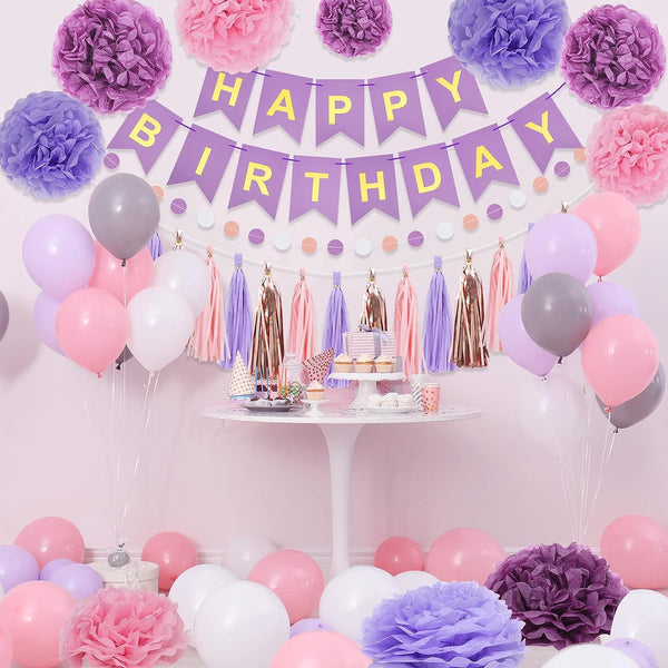 Purple Pink Birthday Party Decorations Set with Happy Birthday Banner, Tissue Paper Pompoms, Tassel Garland, and Circle Dots Garland - Hibrides