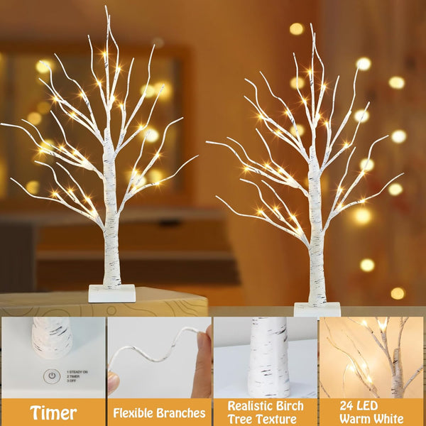 2Pack 24 LED Battery Operated Tabletop Mini Artificial Trees with Lights for Centerpiece Lighted Birch Tree for Home Decor, White Christmas Decorations Indoor - Hibrides