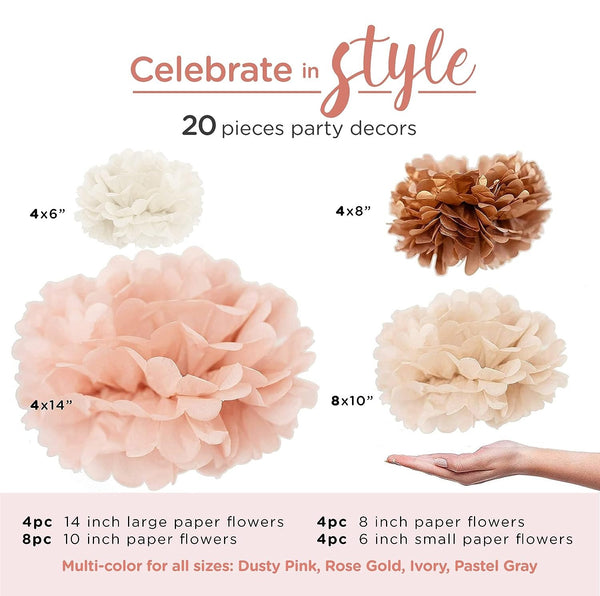 20Pcs Party Tissue Paper Pom Poms Set - Blush Pink Tissue Paper Flowers Decorations, Boho Birthday Party, Bachelorette, Bridal Shower Decorations, Wedding, Baby Shower Decor - Hibrides