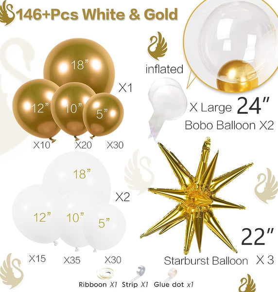 145pcs Chrome Gold and matte white Bobo starburst balloon arch for Birthday Party Baby shower Decorations - Hibrides