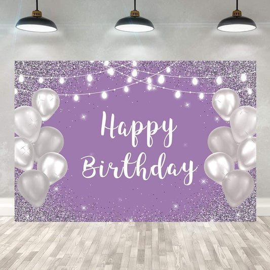 Violet Purple Silver Happy Birthday Photo Backdrop Silver Balloon White Lights Girls 16th 18th 30th Birthday Party Banner - Hibrides