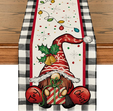 13x72 Inch Buffalo Plaid Gnome Christmas Table Runner, Seasonal Gifts Joy Christmas Kitchen Dining Table Decoration - Hibrides