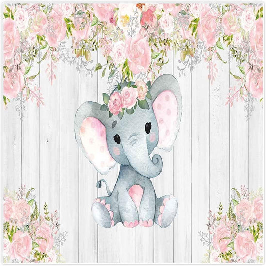 7x5ft Rustic White Wood Elephant Backdrop Supplies for Baby Shower Pink Floral It's a Girl Newborn Kids Birthday Party Decorations - Hibrides