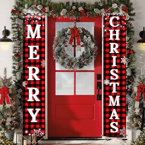 Christmas Decorations Outdoor Yard Front Porch Sign Set, Red Black Buffalo Plaid Door Banner, Hanging Merry Christmas Decorations for Home - Hibrides