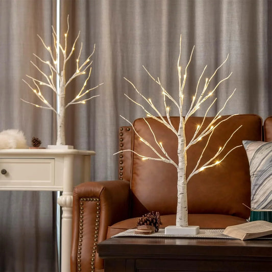 2Pack 24 LED Battery Operated Tabletop Mini Artificial Trees with Lights for Centerpiece Lighted Birch Tree for Home Decor, White Christmas Decorations Indoor - Hibrides
