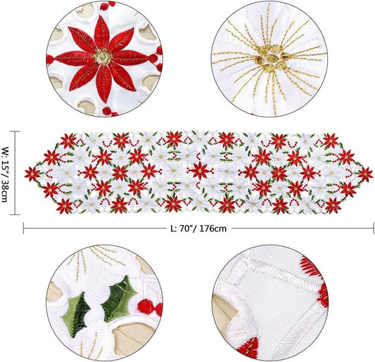 15x70 Inch Embroidered Christmas Table Runner Red Table Linens for Christmas Decorations, Luxury Holly Poinsettia Table Runner for Dining Kitchen & Dining Table - Hibrides