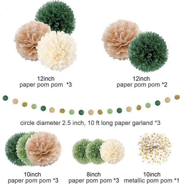 15PCS Green Tissue Paper Pom Poms,Dots Paper Garland String Hanging Backdrop for Engagement,Green Boho Wedding,Baby Shower - Hibrides