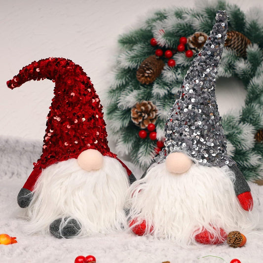 2PCS 12" Lighted Christmas Gnome, Handmade Sequins Hat Scandinavian Swedish Tomte, Light Up Plush Elf Toy Holiday Present, Battery Operated Winter Tabletop Christmas Decorations - Hibrides