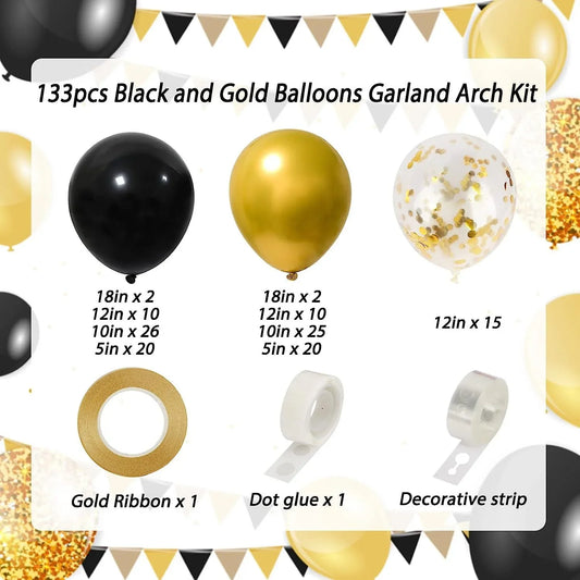133pcs Black and Gold Balloons Garland Arch Kit, Black Metal Gold and Metallic Confetti Gold Balloons for Graduation Party Baby Shower - Hibrides