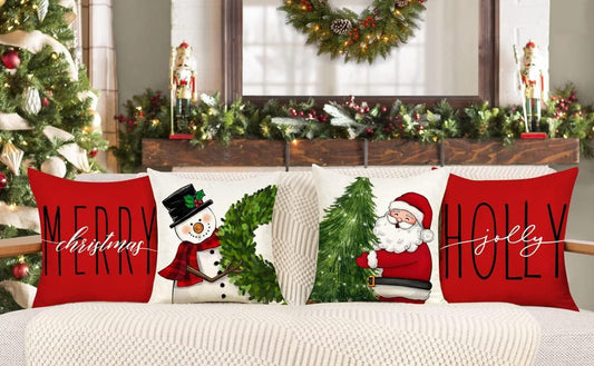 Set of 4 Red Christmas Pillow Covers 18x18 Farmhouse Christmas Decorations Snowman Wreath Santa Claus - Hibrides