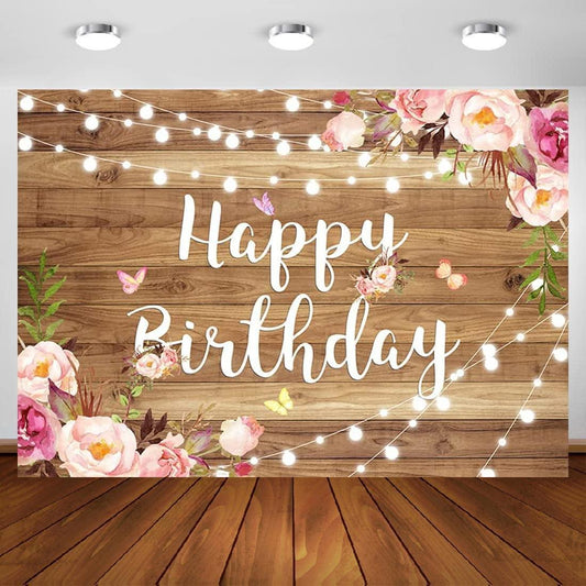 7x5ft Pink Floral Happy Birthday Backdrop Butterfly Wooden Floor Watercolor Flowers Girls Photography Background - Hibrides
