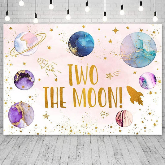 Two The Moon Backdrop Outer Space 2nd Birthday Decorations for Girls Rocket Planet Purple Galaxy Photography Background - Hibrides