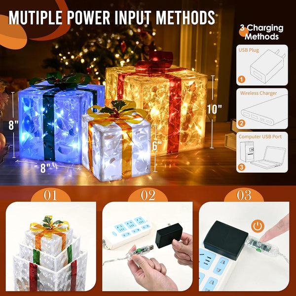 Set of 3 Large Christmas Lighted Gift Boxes Outdoor 10" with Remote Control, Smart Luxury Present Boxes for Christmas Decorations Indoors Outdoors - Hibrides