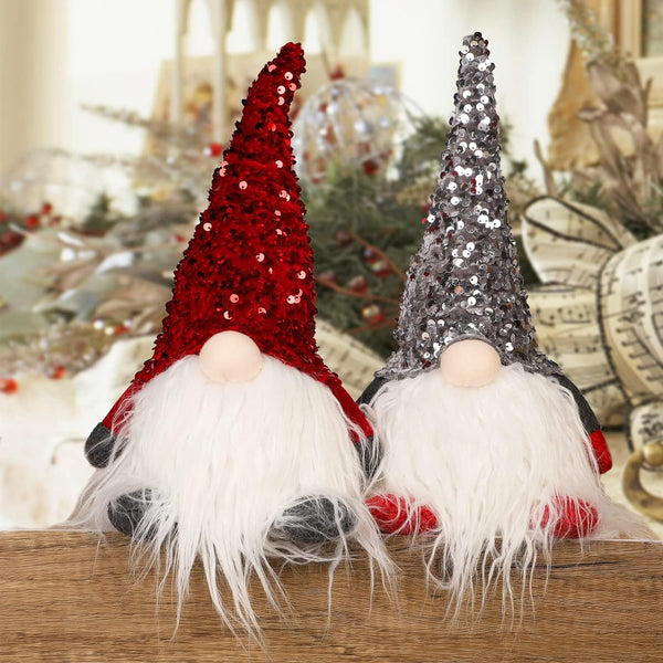 2PCS 12" Lighted Christmas Gnome, Handmade Sequins Hat Scandinavian Swedish Tomte, Light Up Plush Elf Toy Holiday Present, Battery Operated Winter Tabletop Christmas Decorations - Hibrides