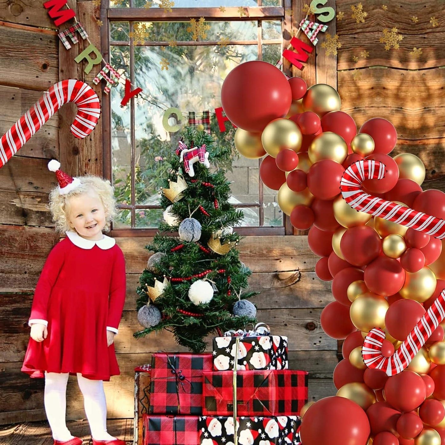 120PCS Christmas Balloons Garland Arch Kit Red and Gold Balloons Pack With Christmas Candy Cane - Hibrides