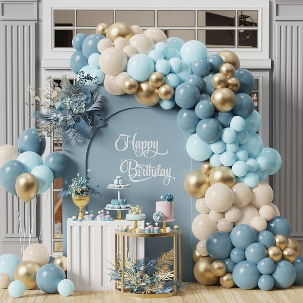 165pcs White Sand Pastel Macaron Blue Ocean Blue Chrome Gold Balloon Boho Baby Shower Wedding Boy Birthday Decoration - Hibrides