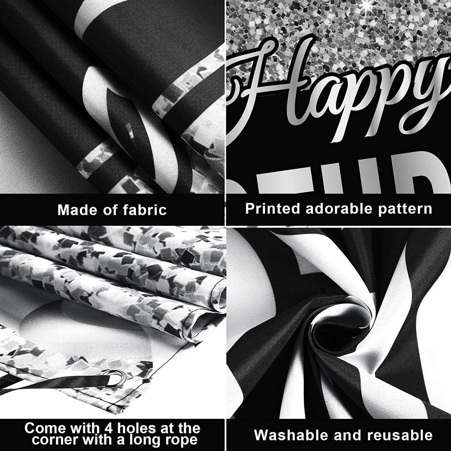 Silver Happy Birthday Banner Backdrop Silver Birthday Party Decorations Black White Balloons - Hibrides