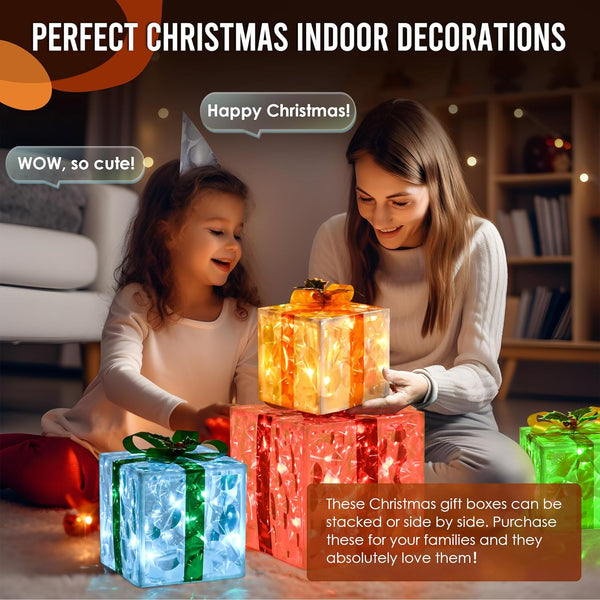 Set of 3 Large Christmas Lighted Gift Boxes Outdoor 10" with Remote Control, Smart Luxury Present Boxes for Christmas Decorations Indoors Outdoors - Hibrides