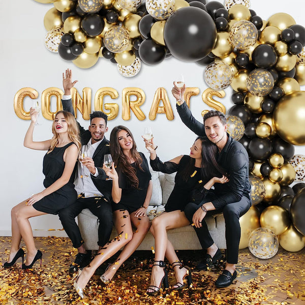 133pcs Black and Gold Balloons Garland Arch Kit, Black Metal Gold and Metallic Confetti Gold Balloons for Graduation Party Baby Shower - Hibrides